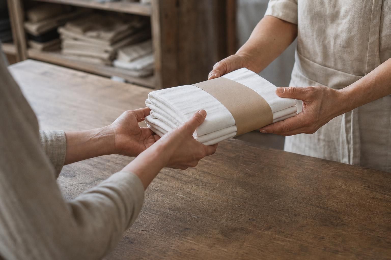 Remise d'un paquet de linge propre au comptoir